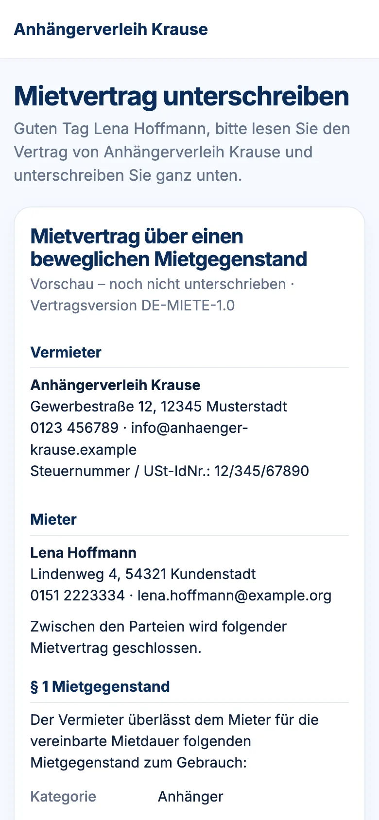 Kunde öffnet den Mietvertrag per Link und unterschreibt von zu Hause