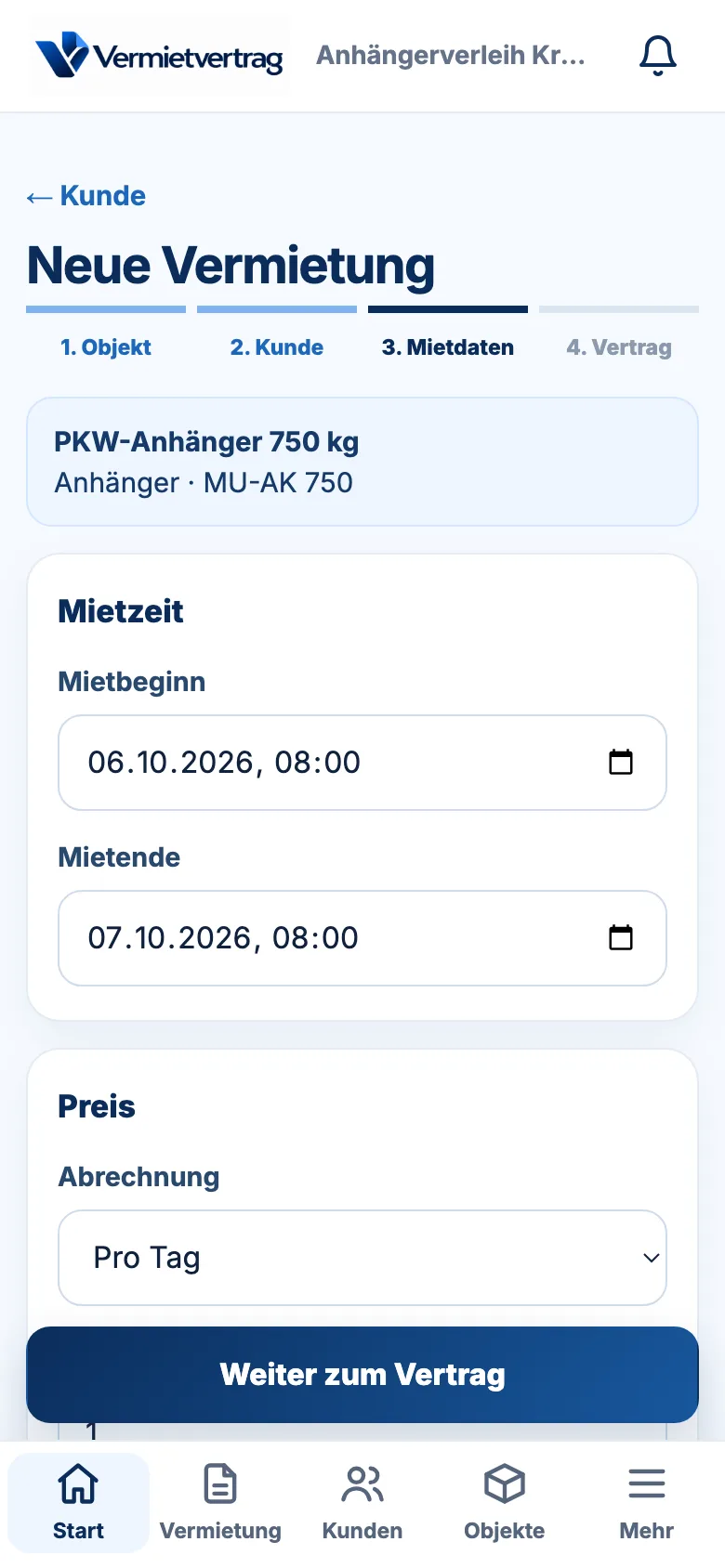 Mietdaten in der App: Zeitraum, Preis und Kaution sind vorausgefüllt