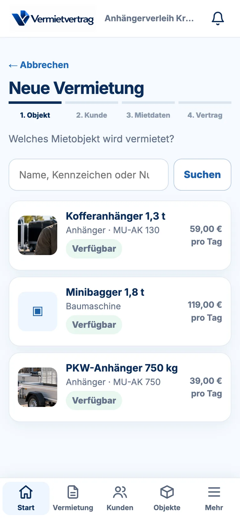 Mietobjekt in der App auswählen: Liste mit Fotos, Kennzeichen, Preisen und Verfügbarkeit