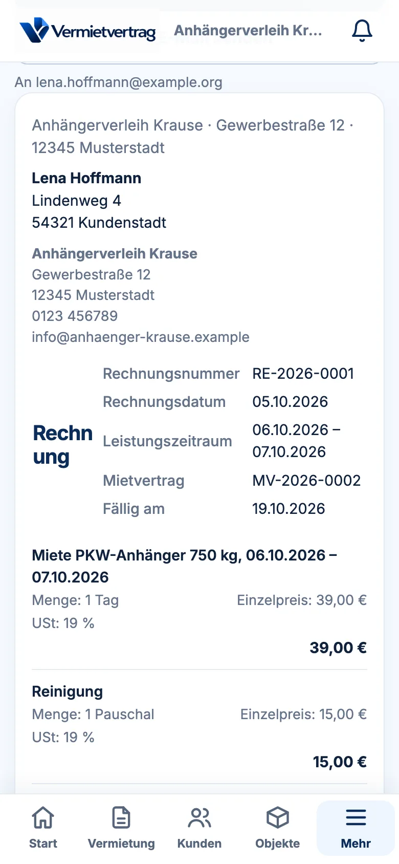 Rechnung aus dem Mietvertrag mit Netto, Umsatzsteuer und Gesamtbetrag