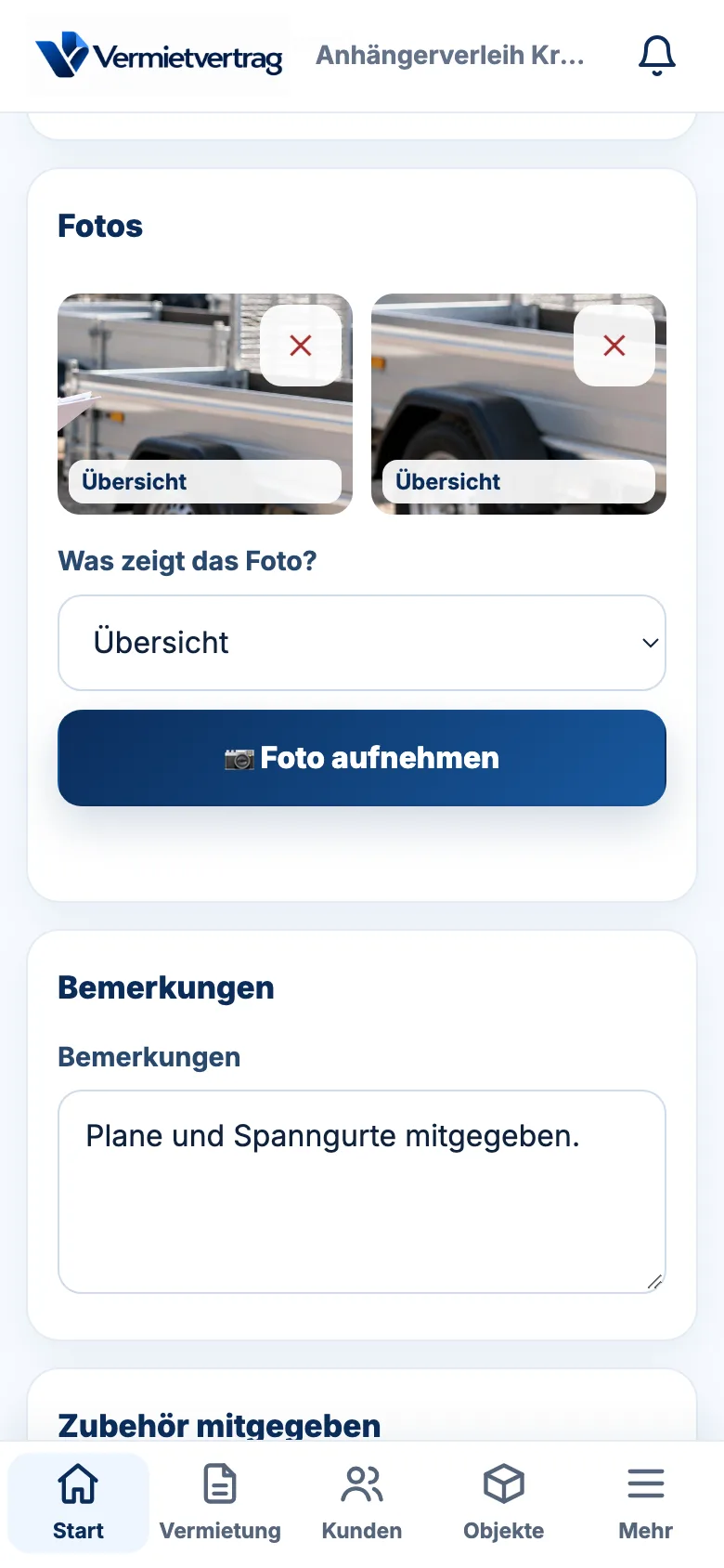 Übergabeprotokoll in der App: Prüfpunkte und Fotos eines Anhängers