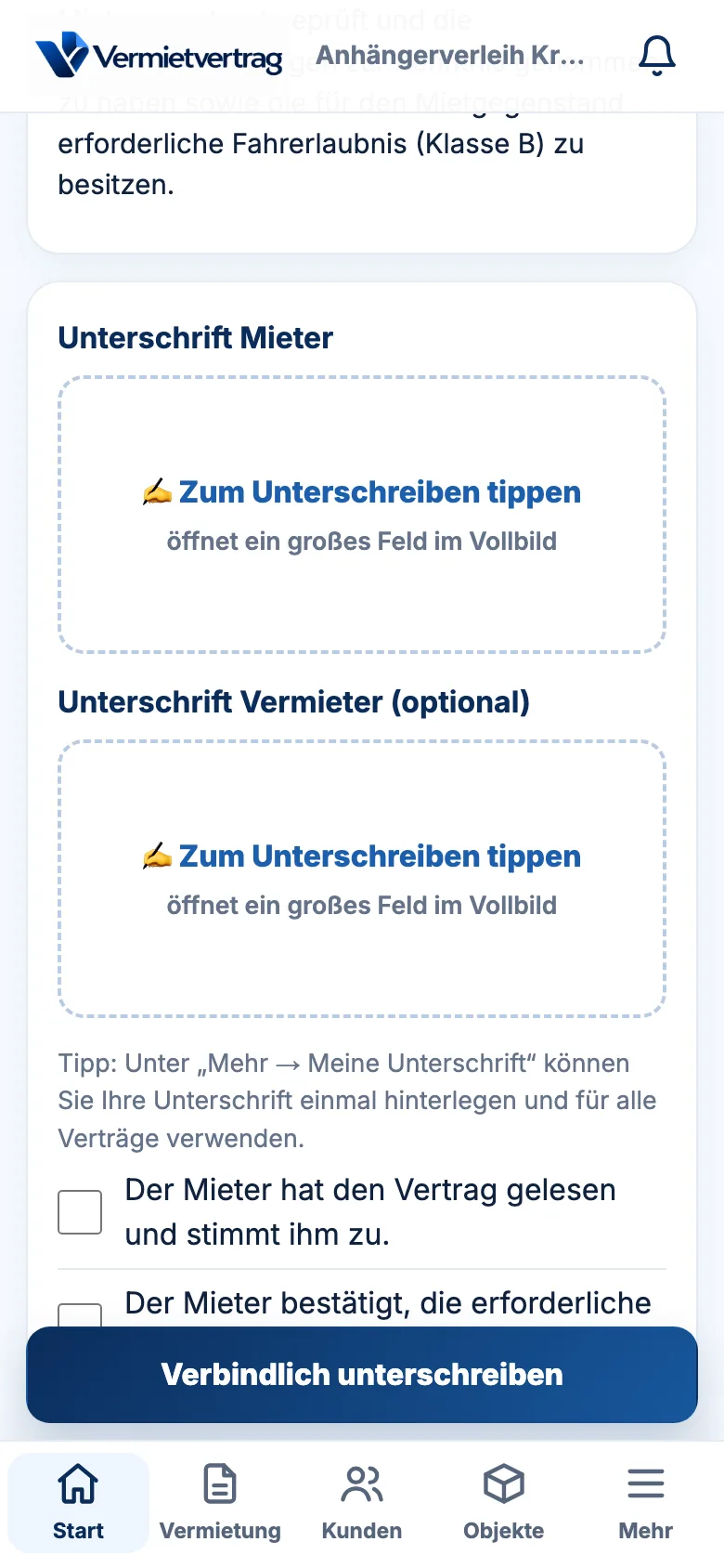 Unterschrift auf dem Handy im Vollbild
