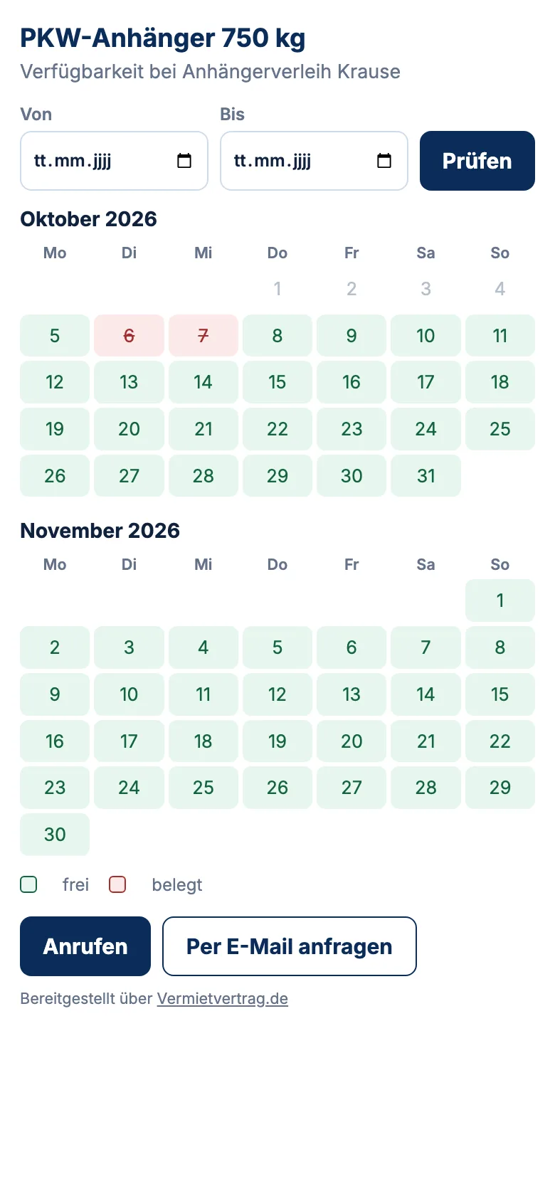 Verfügbarkeitskalender für die eigene Webseite: freie und belegte Tage eines Mietobjekts
